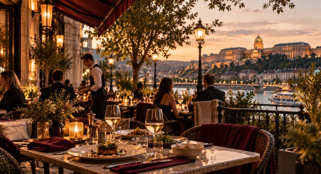 Guests dining on a warmly lit terrace overlooking the Danube
