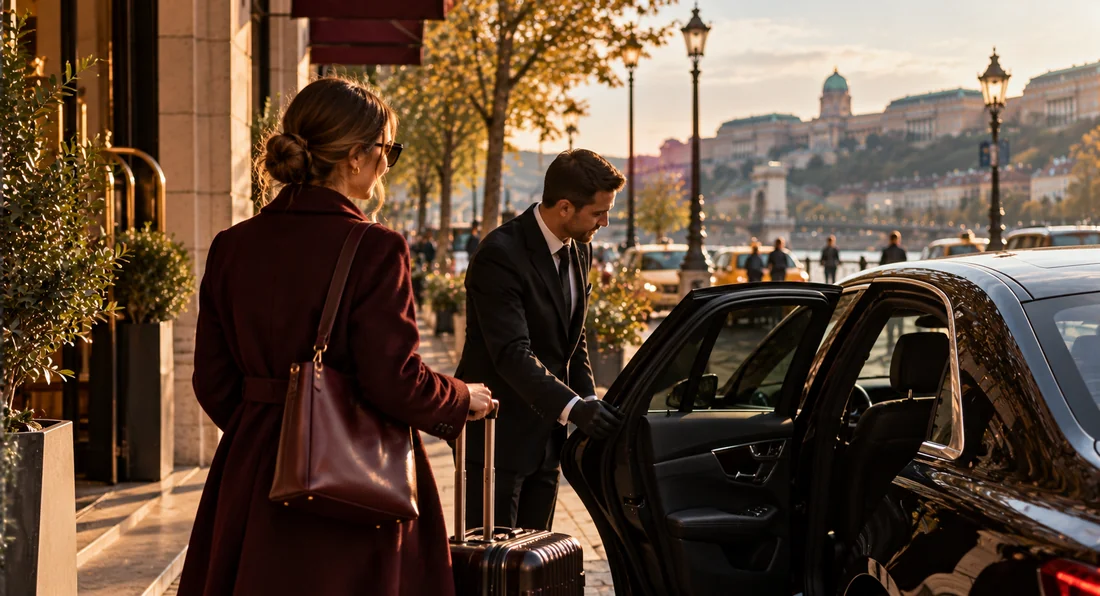 A driver opening a car door for a traveller with luggage in Budapest